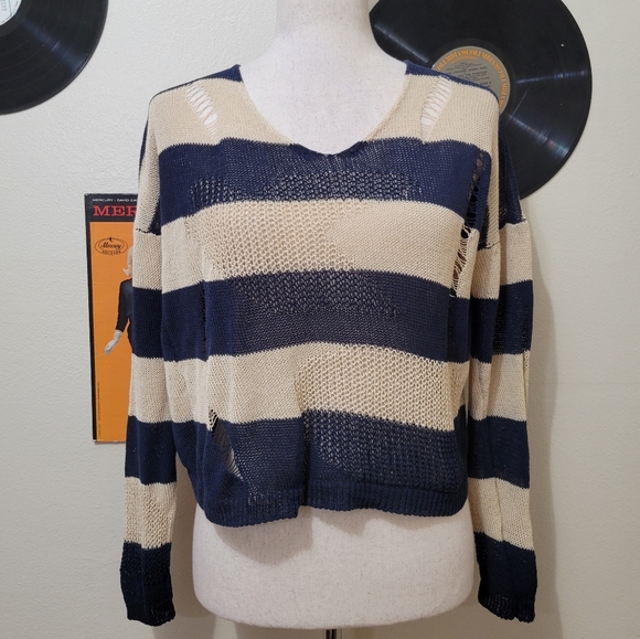 BCBGMaxAzria | Distressed Slashed Stripe Navy & Beige V-Neck Sweater - Picture 1 of 7